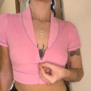 Pink with purple stitching cropped short sleeve zip up